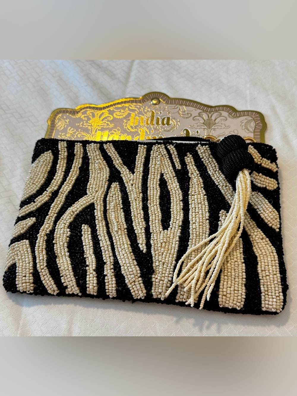 Beaded Zebra-Pattern Clutch in Black and Cream